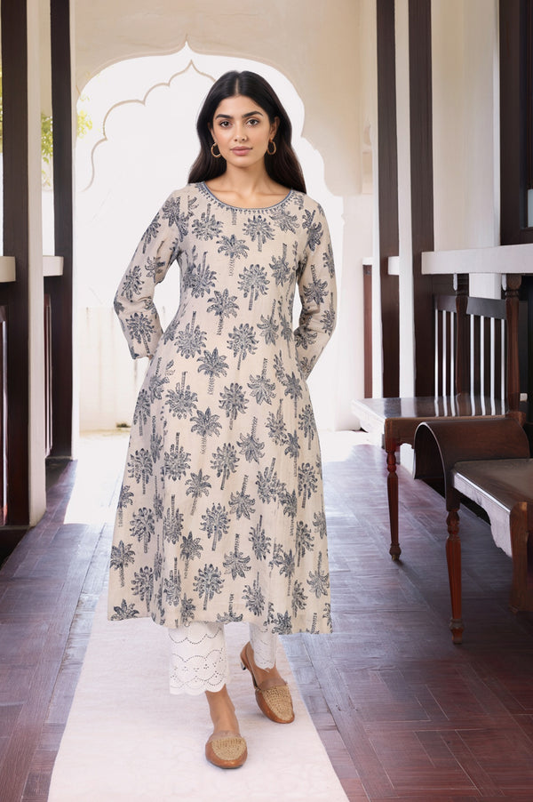 Beige Kalamkari Mirror Work A-Line Cotton Kurta