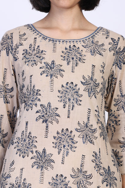 Beige Kalamkari Mirror Work A-Line Cotton Kurta