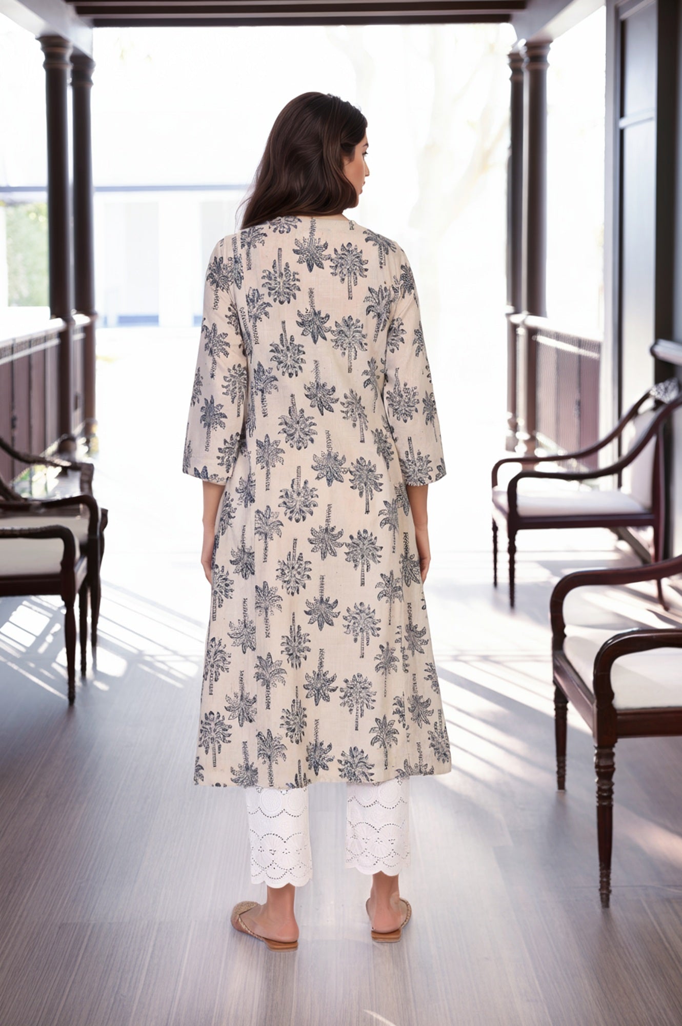 Beige Kalamkari Mirror Work A-Line Cotton Kurta