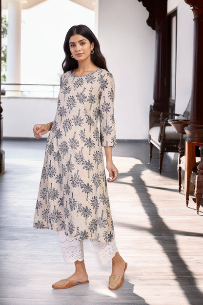 Beige Kalamkari Mirror Work A-Line Cotton Kurta
