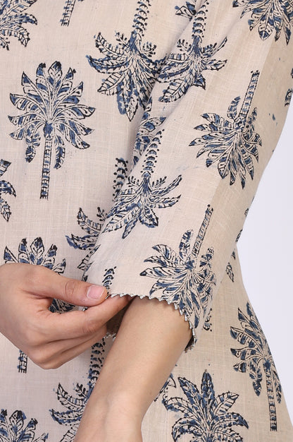 Beige Kalamkari Mirror Work A-Line Cotton Kurta