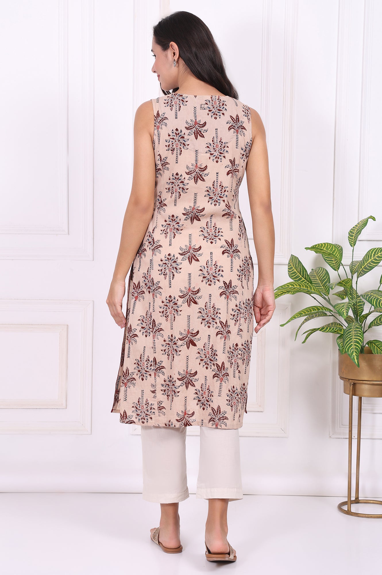 Beige Floral Printed Pure Cotton Straight A-line Kurta