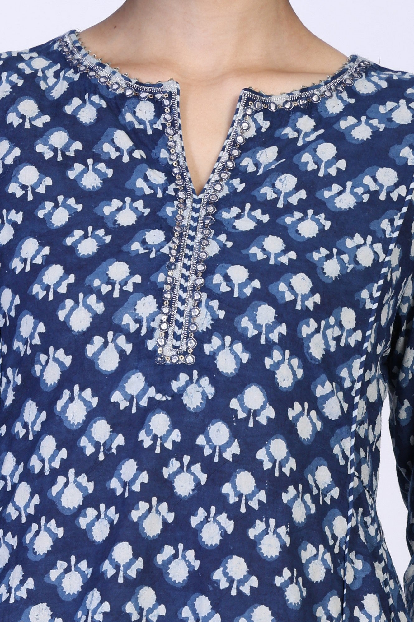 Blue Block Print Mirror Work Flared Cotton Kurta