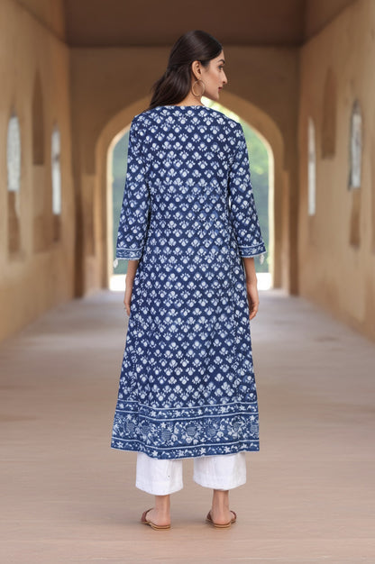 Blue Block Print Mirror Work Flared Cotton Kurta