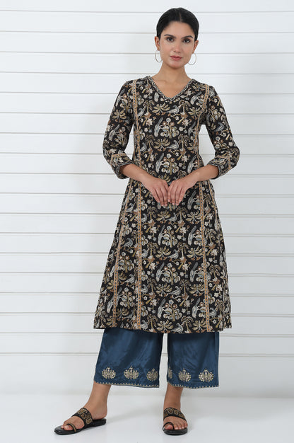 Brown Printed Printed Mirror Work Pure Cotton Flared Kurta