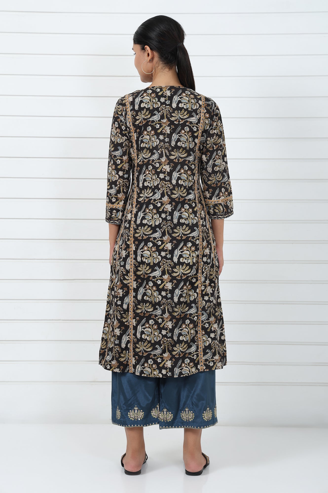 Brown Printed Printed Mirror Work Pure Cotton Flared Kurta