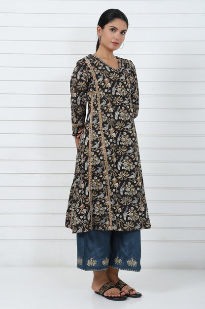 Brown Printed Printed Mirror Work Pure Cotton Flared Kurta