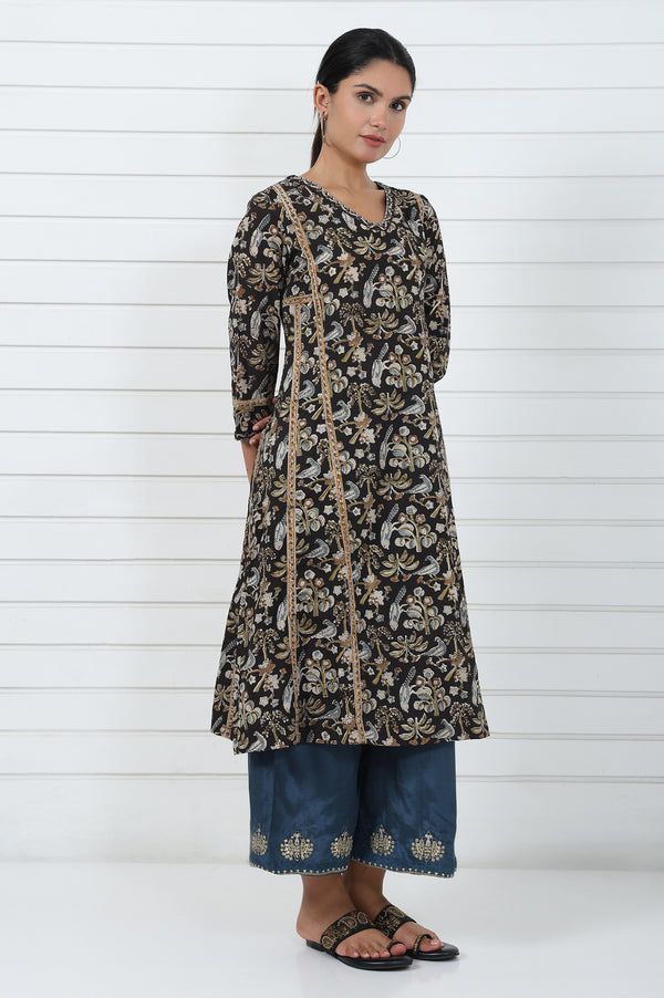 Brown Printed Printed Mirror Work Pure Cotton Flared Kurta