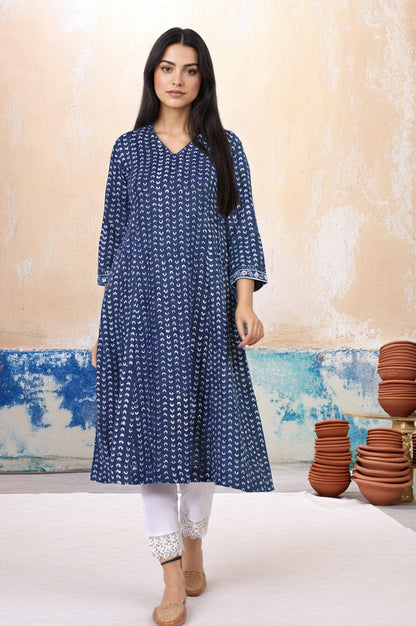 Blue Geometric Dabu Printed Mirror Work A-Line Cotton Kurta