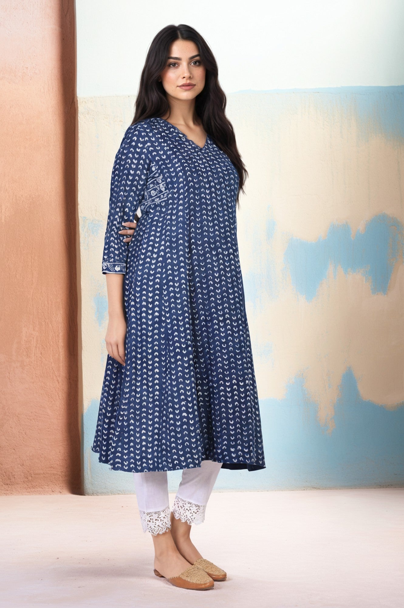 Blue Geometric Dabu Printed Mirror Work A-Line Cotton Kurta