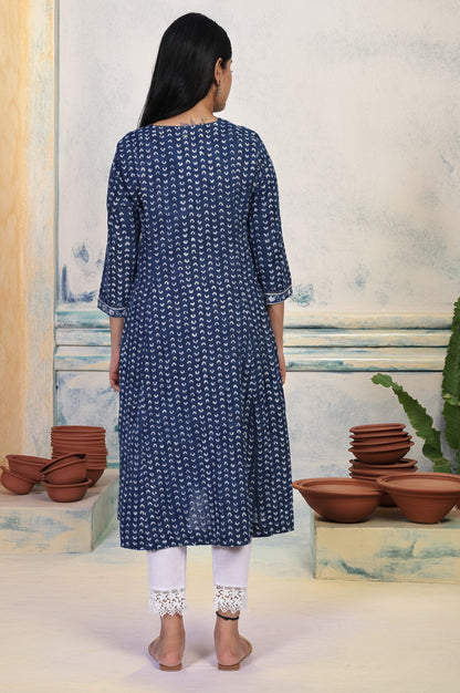 Blue Geometric Dabu Printed Mirror Work A-Line Cotton Kurta