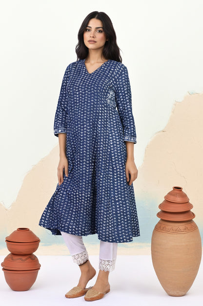 Blue Geometric Dabu Printed Mirror Work A-Line Cotton Kurta