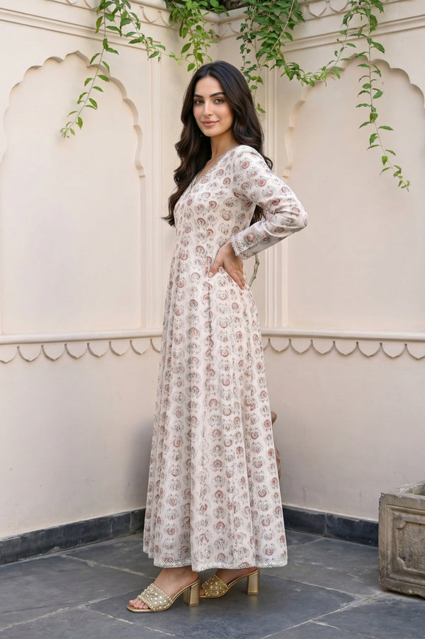 Cream Ethnic Motifs Sequins Cotton Silk Blend Anarkali Kurta