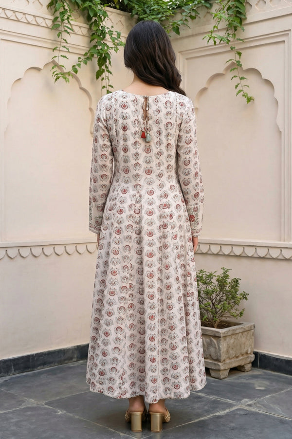 Cream Ethnic Motifs Sequins Cotton Silk Blend Anarkali Kurta