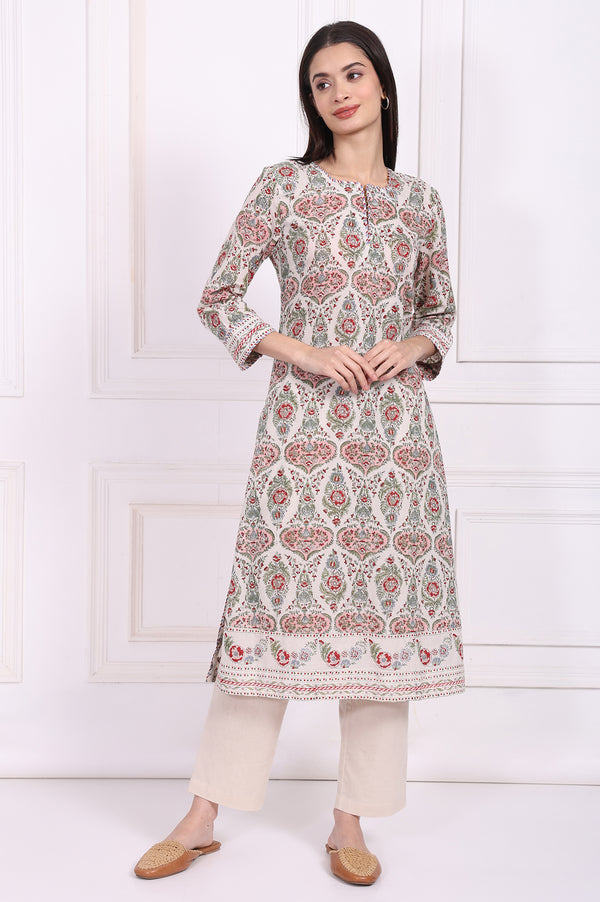 Off-White Floral Printed Pure Cotton Straight Kurta