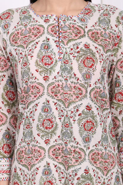 Off-White Floral Printed Pure Cotton Straight Kurta