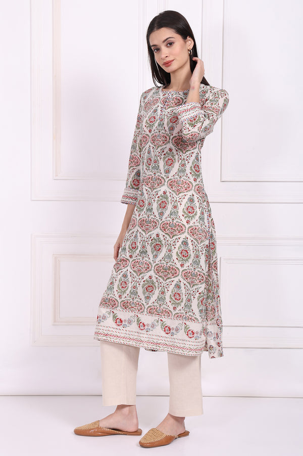 Off-White Floral Printed Pure Cotton Straight Kurta