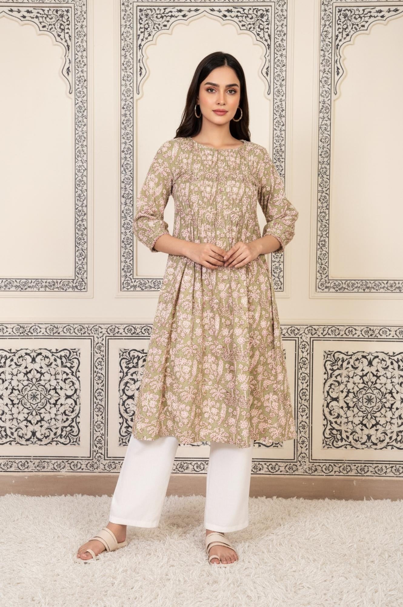 Green Floral Printed Pleated A-Line Cotton Kurta