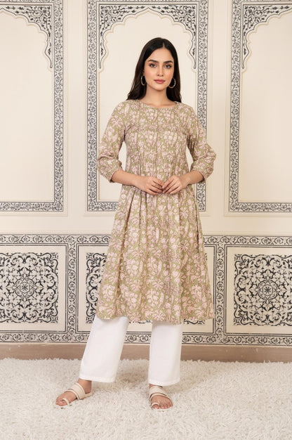 Green Floral Printed Pleated A-Line Cotton Kurta