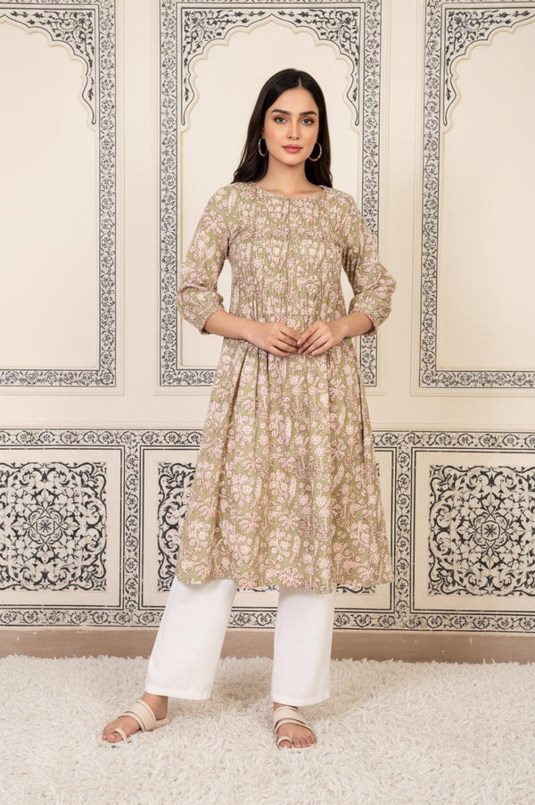 Green Floral Printed Pleated A-Line Cotton Kurta