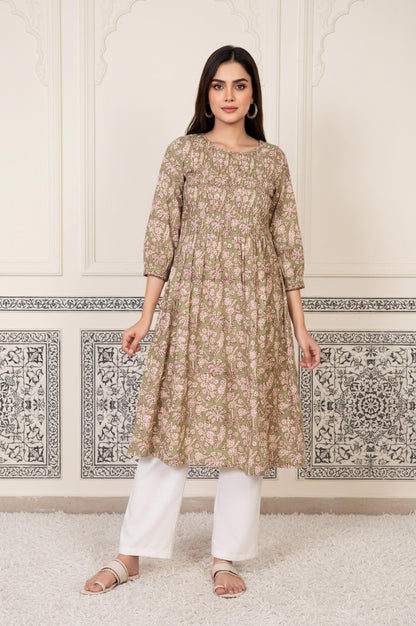 Green Floral Printed Pleated A-Line Cotton Kurta