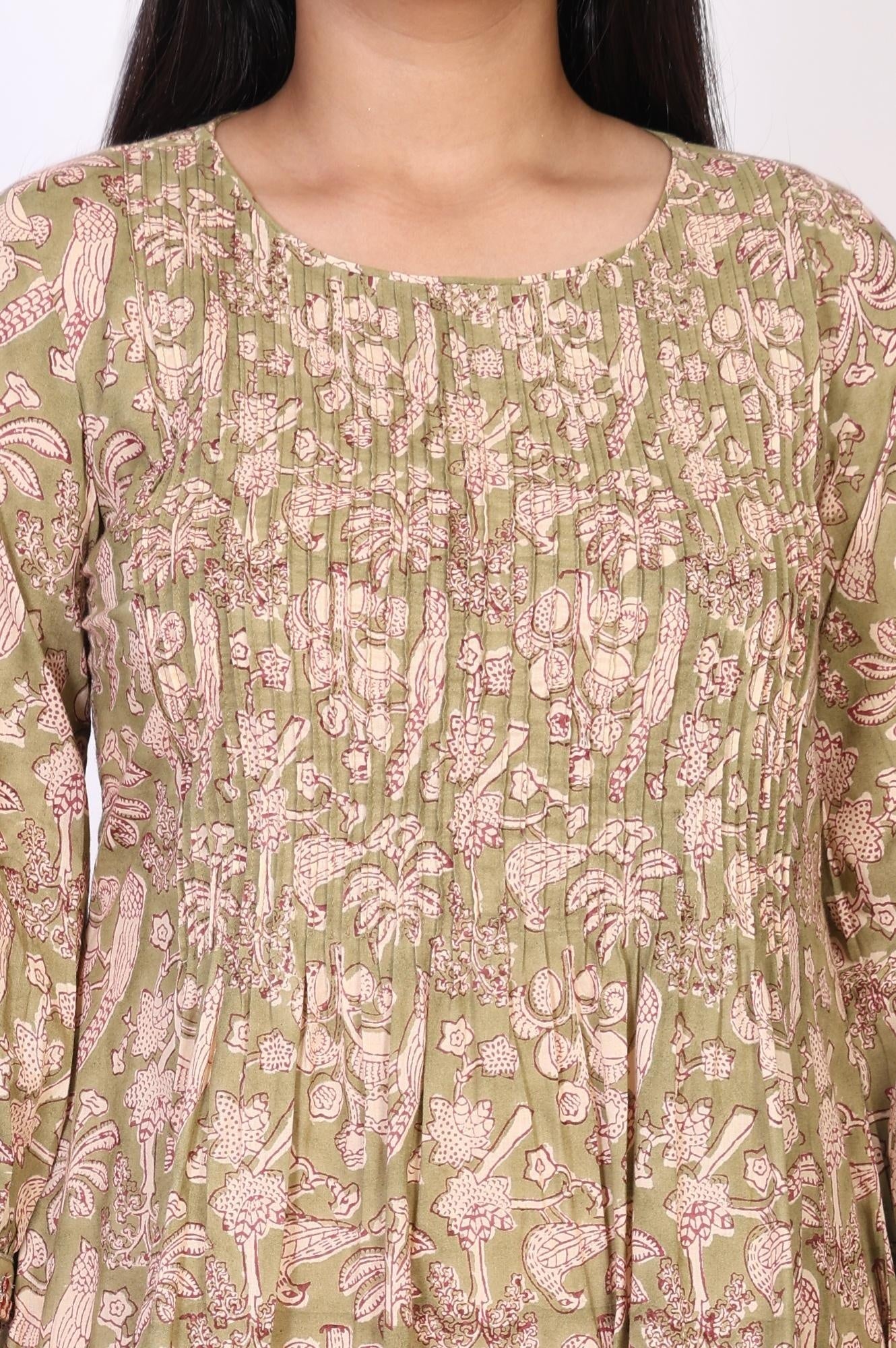 Green Floral Printed Pleated A-Line Cotton Kurta