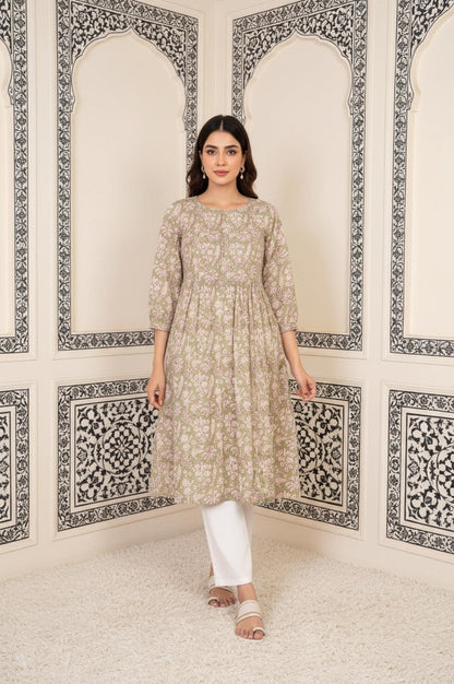 Green Floral Printed Pleated A-Line Cotton Kurta