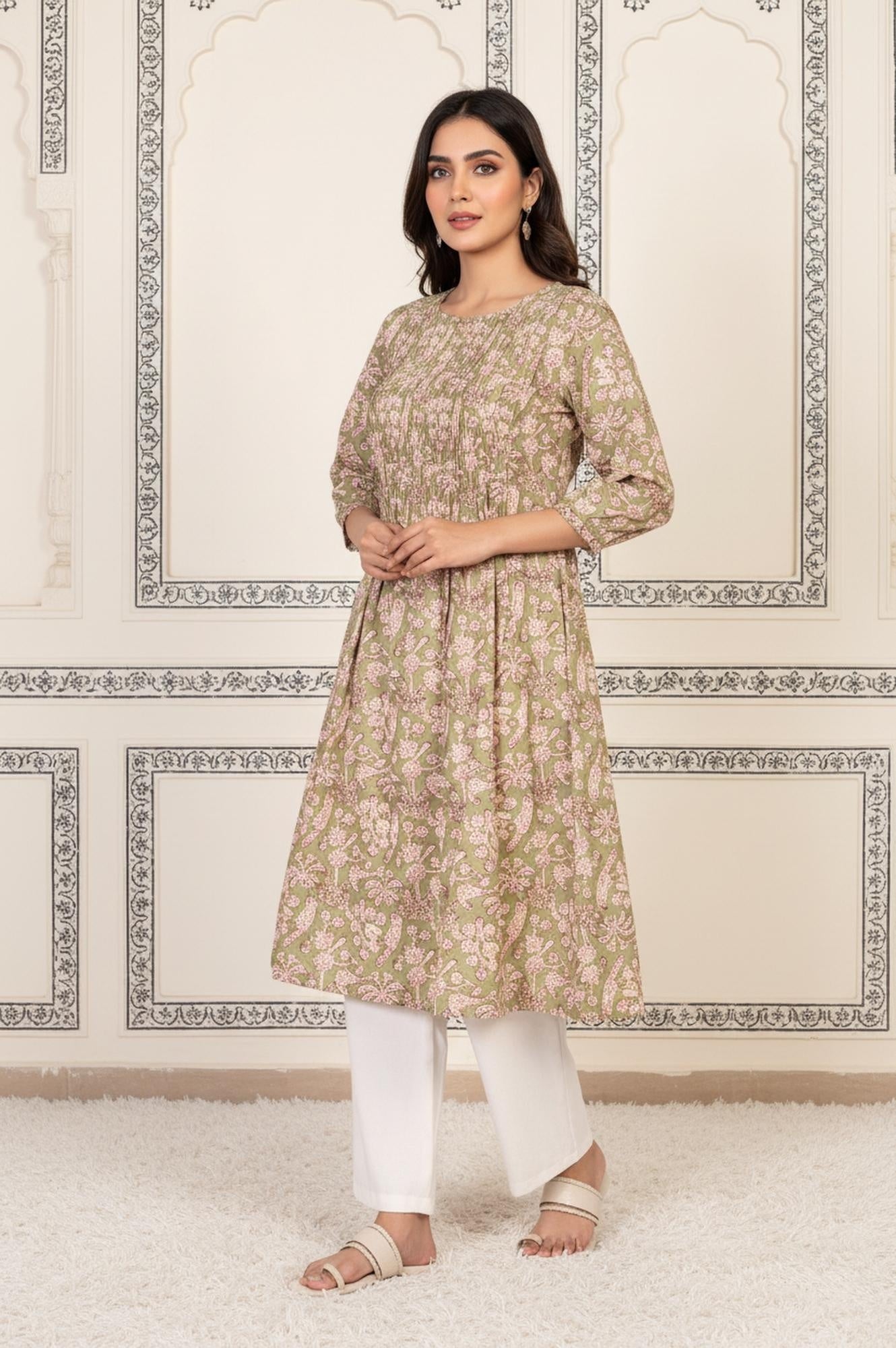 Green Floral Printed Pleated A-Line Cotton Kurta