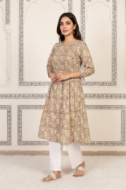 Green Floral Printed Pleated A-Line Cotton Kurta