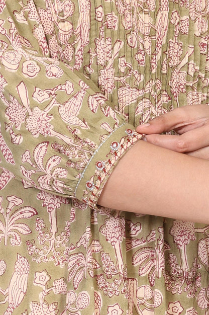 Green Floral Printed Pleated A-Line Cotton Kurta