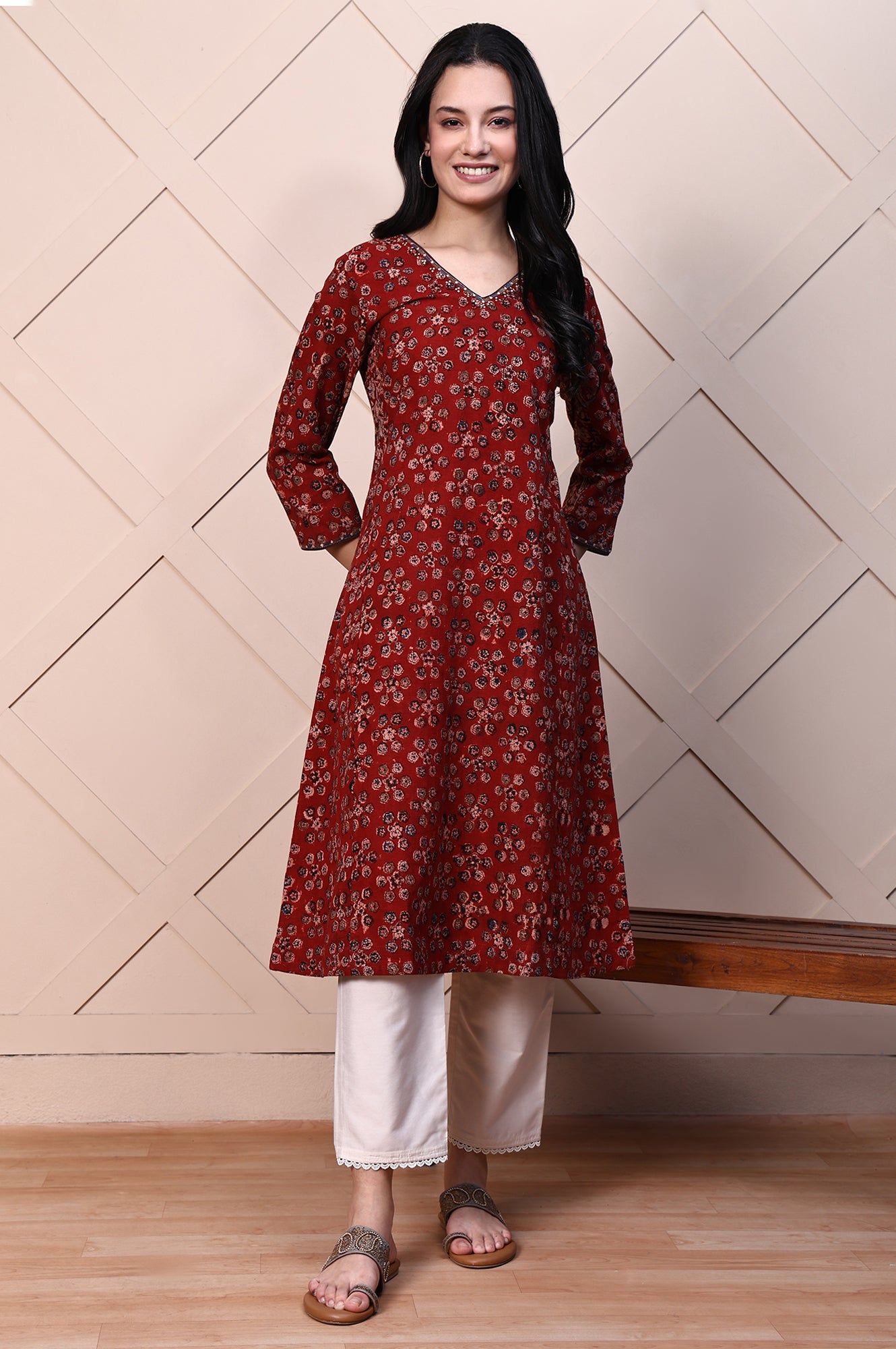 Red Kalamkari Printed Pure Cotton A-line Casual Kurta with Mirror Work