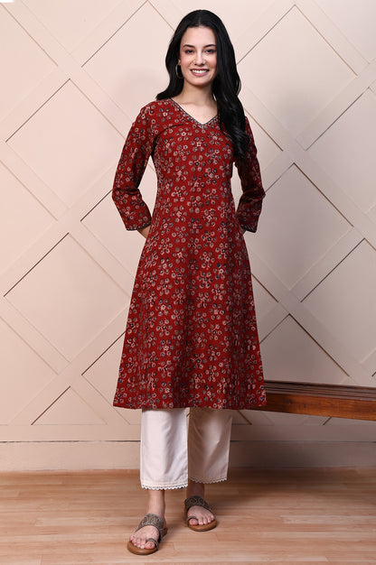 Red Kalamkari Printed Pure Cotton A-line Casual Kurta with Mirror Work