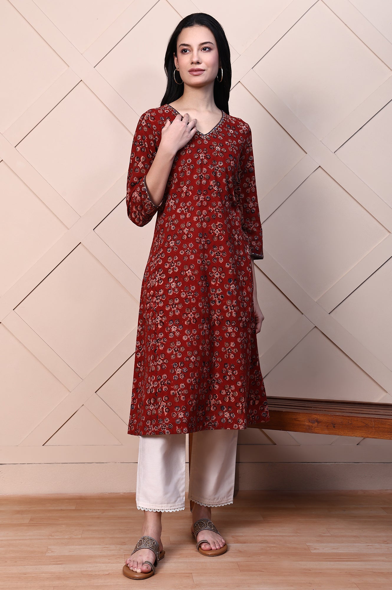 Red Kalamkari Printed Pure Cotton A-line Casual Kurta with Mirror Work