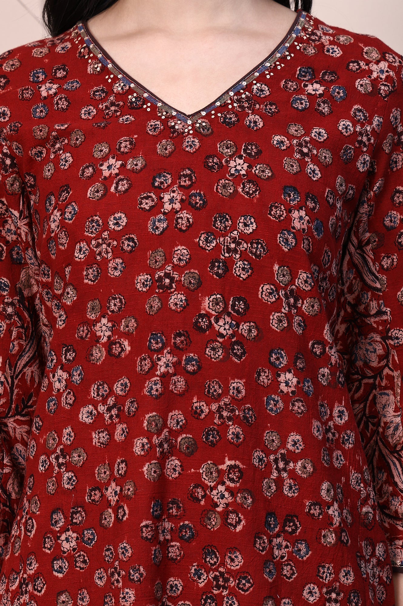 Red Kalamkari Printed Pure Cotton A-line Casual Kurta with Mirror Work