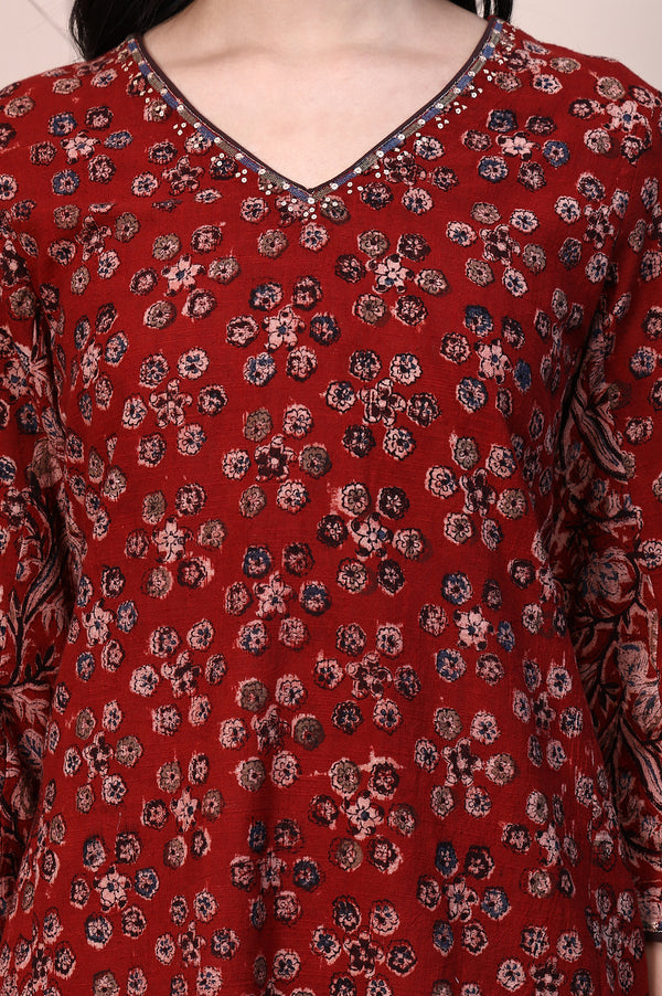 Red Kalamkari Printed Pure Cotton A-line Casual Kurta with Mirror Work