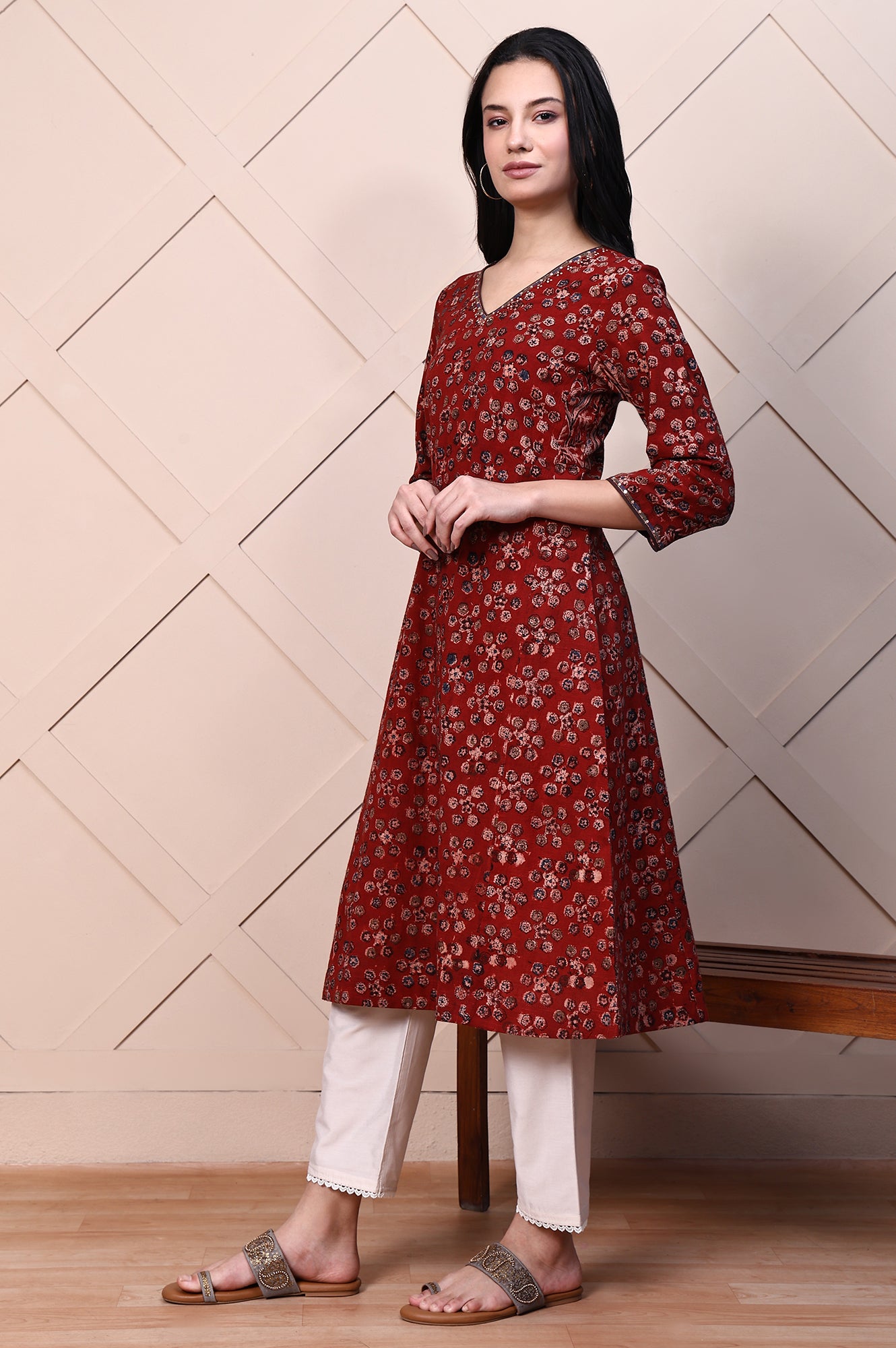 Red Kalamkari Printed Pure Cotton A-line Casual Kurta with Mirror Work