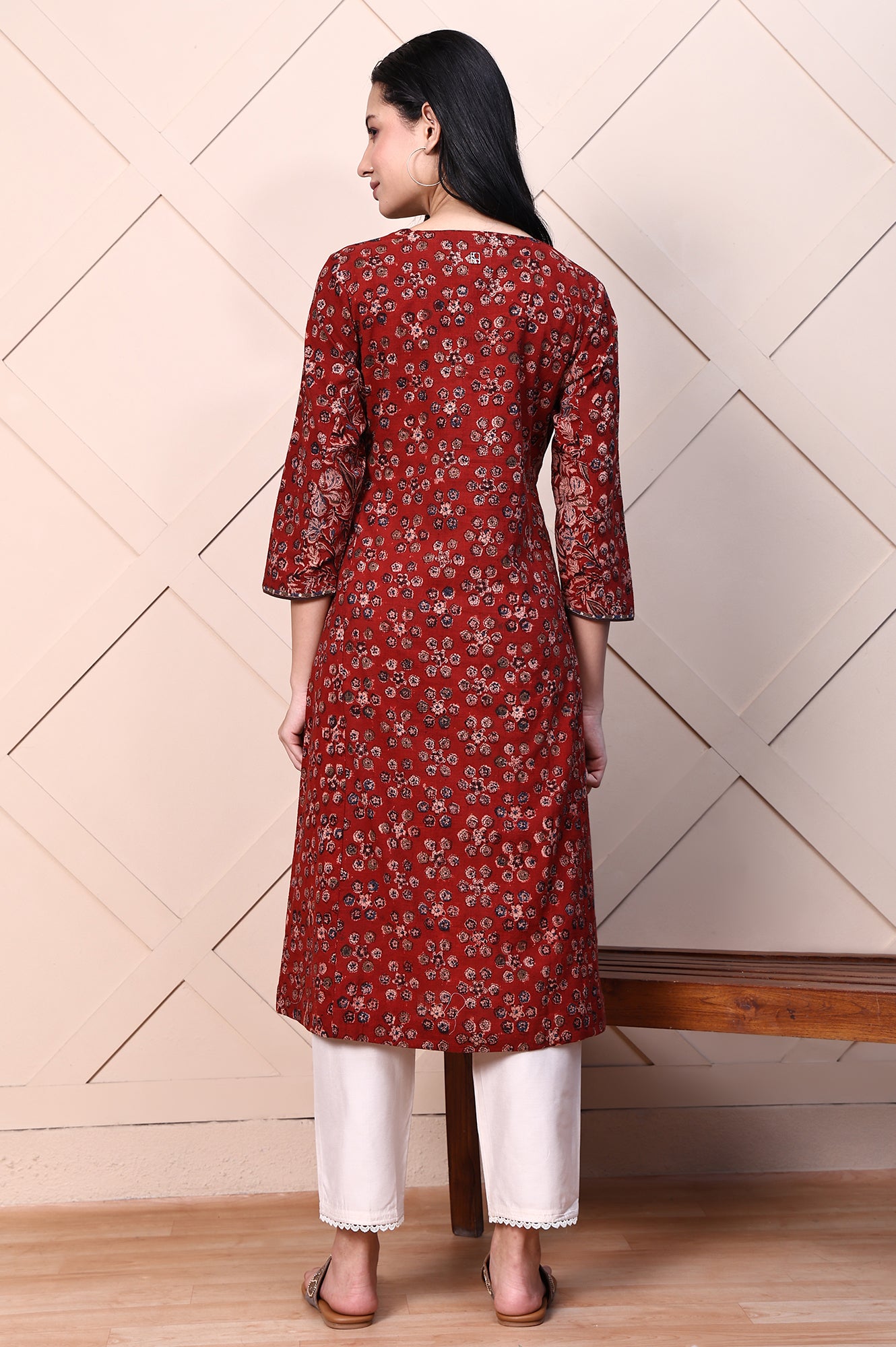 Red Kalamkari Printed Pure Cotton A-line Casual Kurta with Mirror Work