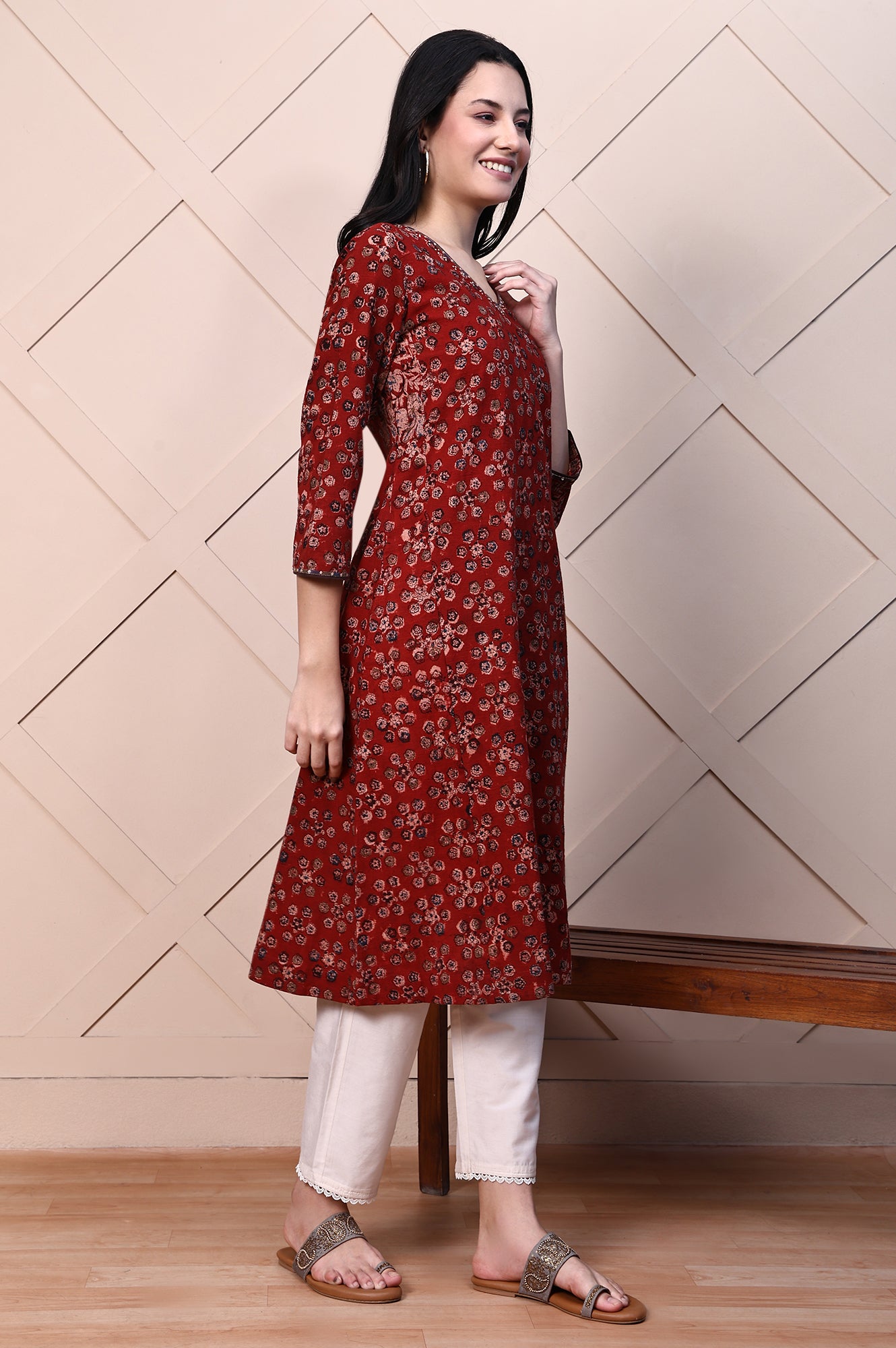 Red Kalamkari Printed Pure Cotton A-line Casual Kurta with Mirror Work