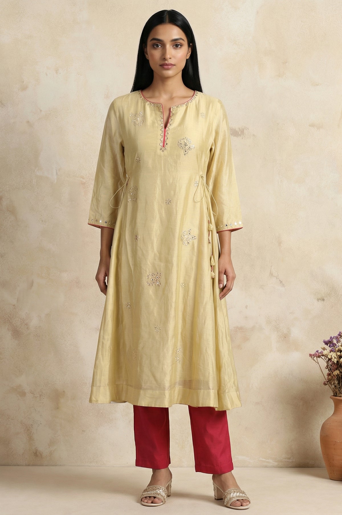 Gold Embroidered Mirror Work Cotton Blend A-line Kurta - S