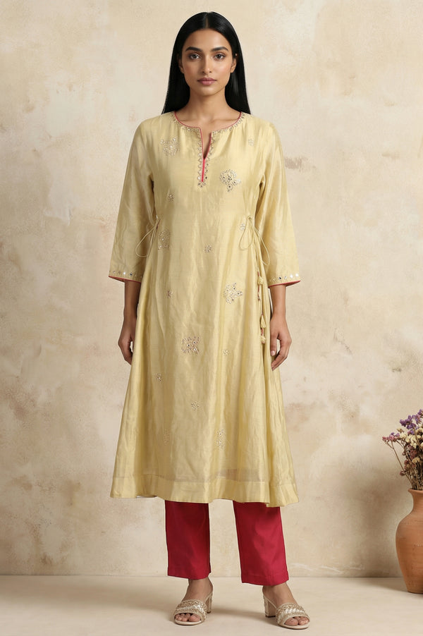 Gold Embroidered Mirror Work Cotton Blend A-line Kurta
