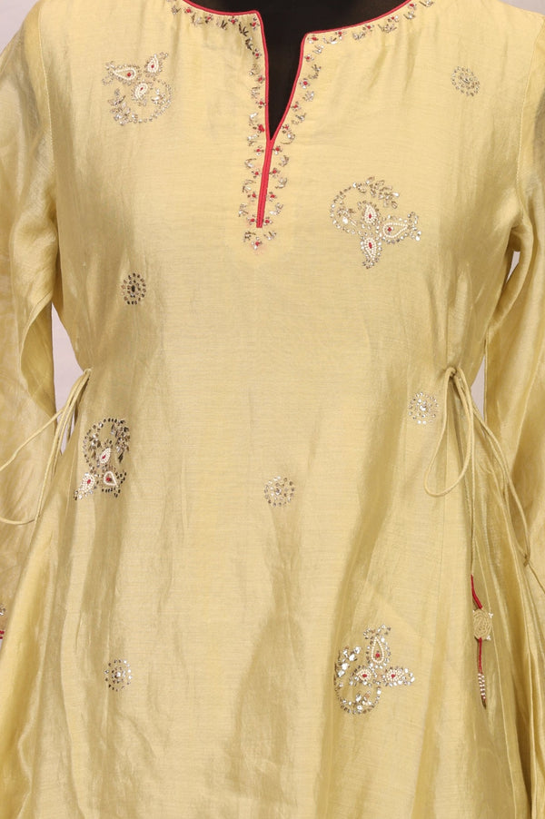 Gold Embroidered Mirror Work Cotton Blend A-line Kurta