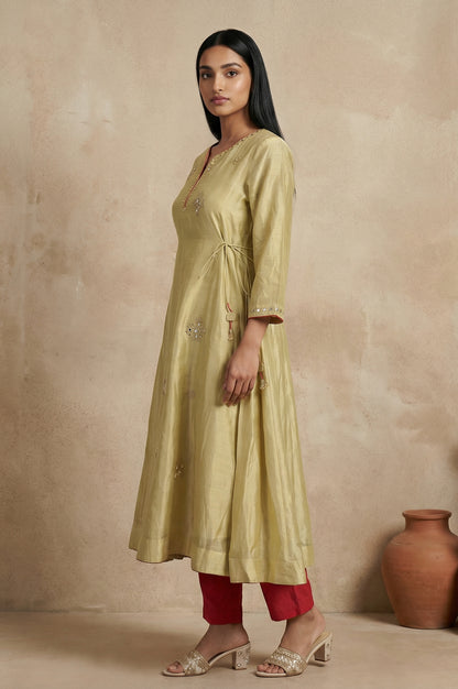 Gold Embroidered Mirror Work Cotton Blend A-line Kurta