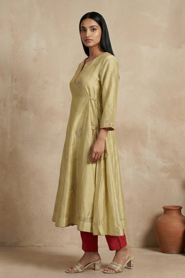 Gold Embroidered Mirror Work Cotton Blend A-line Kurta