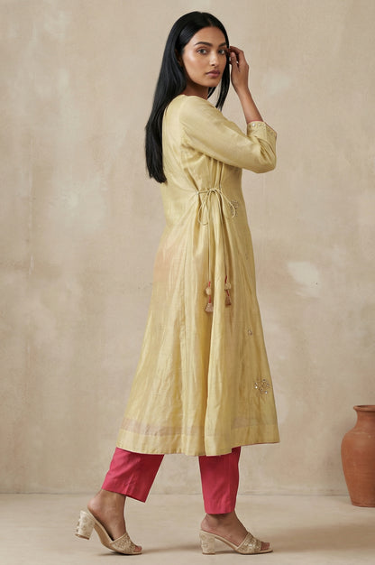 Gold Embroidered Mirror Work Cotton Blend A-line Kurta