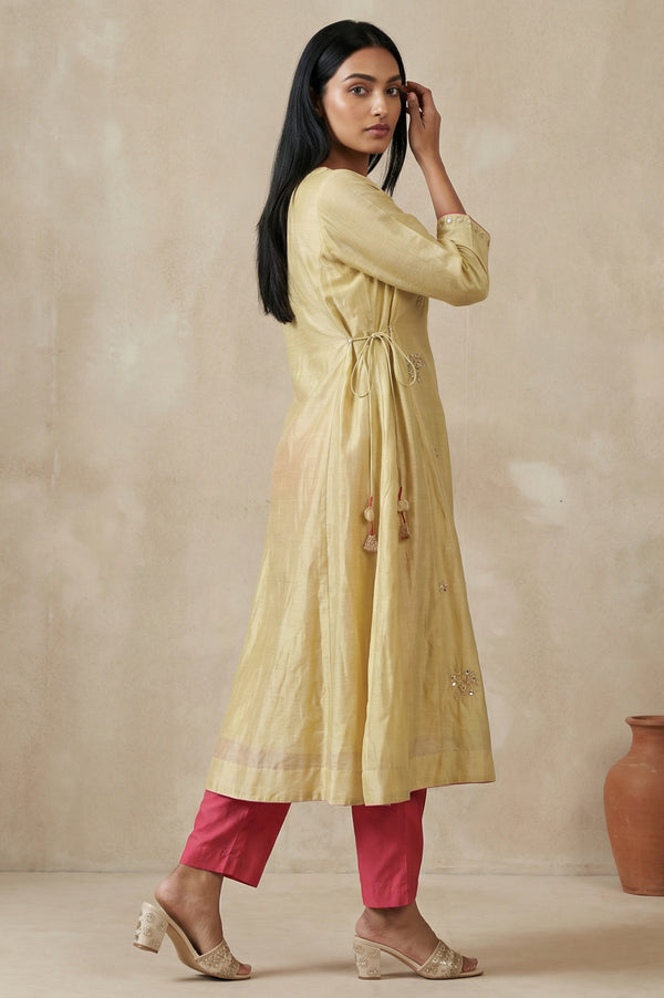 Gold Embroidered Mirror Work Cotton Blend A-line Kurta