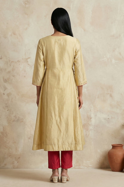 Gold Embroidered Mirror Work Cotton Blend A-line Kurta