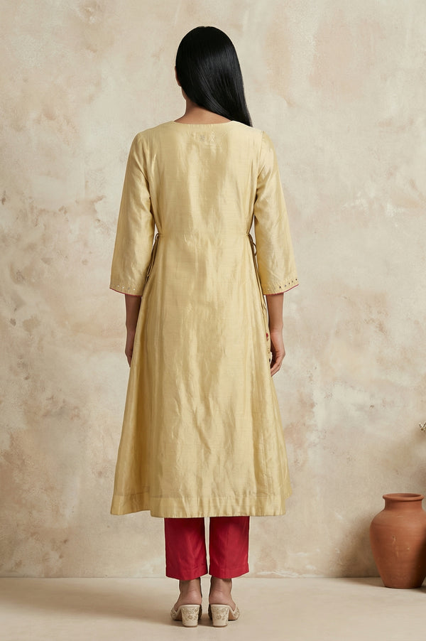 Gold Embroidered Mirror Work Cotton Blend A-line Kurta