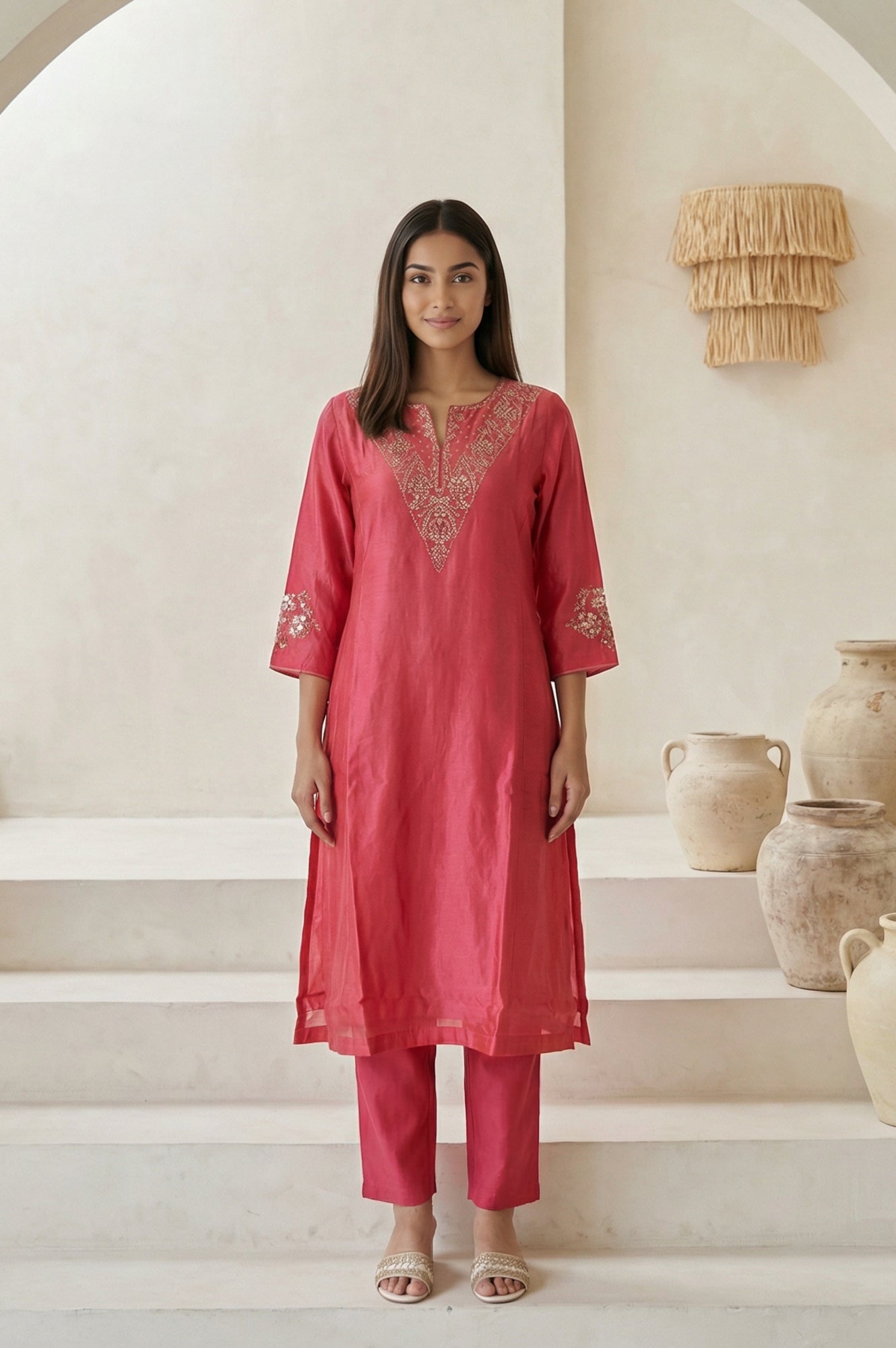 Pink Zari Embroidered Cotton Blend Straight Kurta