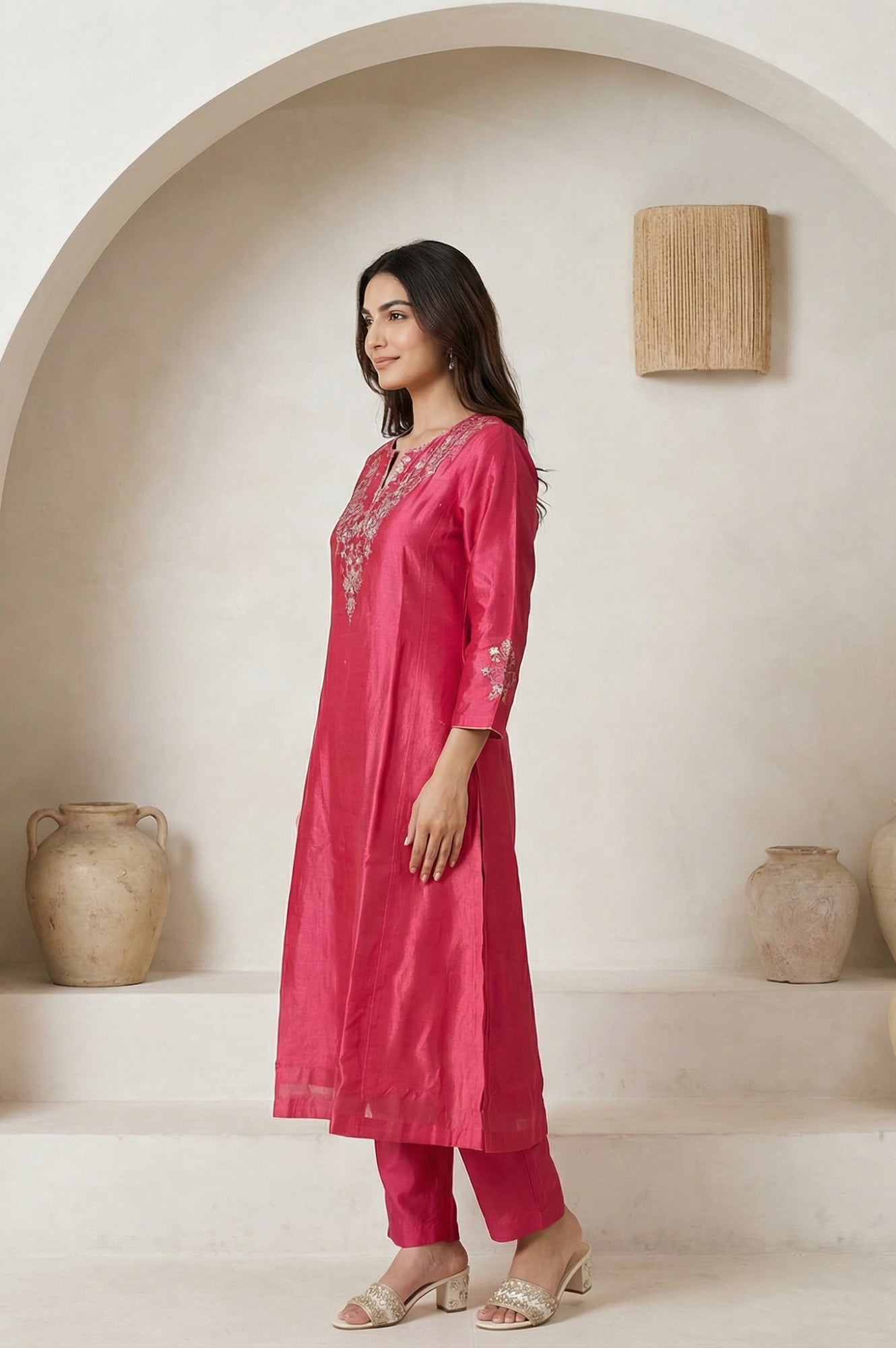 Pink Zari Embroidered Cotton Blend Straight Kurta