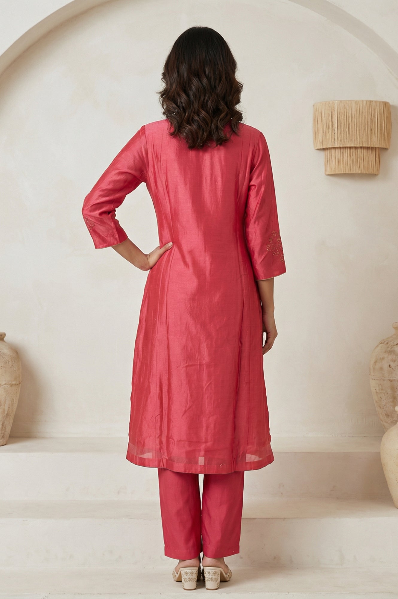 Pink Zari Embroidered Cotton Blend Straight Kurta